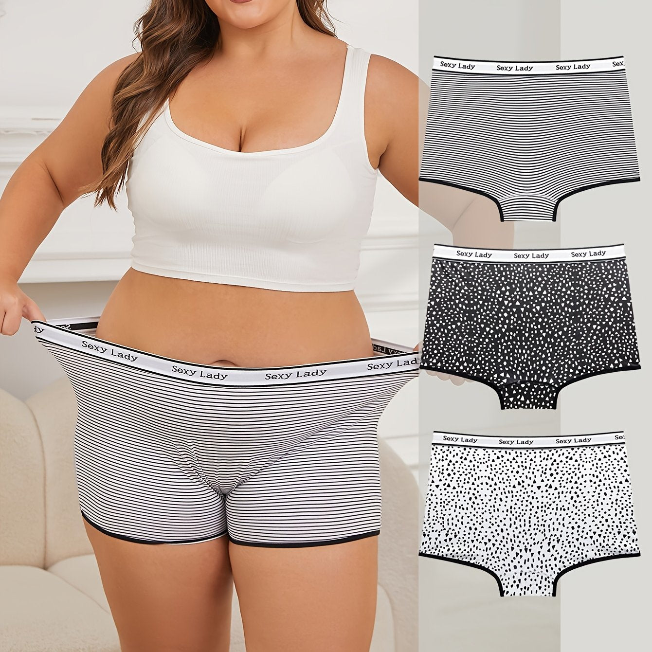 3pcs Plus Size Spotted Boyshort Panties, Comfy & Breathable Stretch Panties, /MH