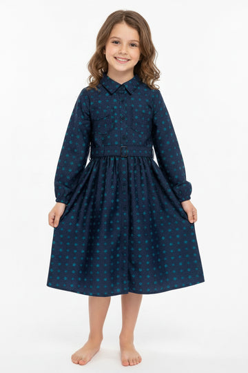 Girls' Blue Denim Cyan Prints Ruffle Sleeve Floral Belted Dress (2-12 Years) | MH