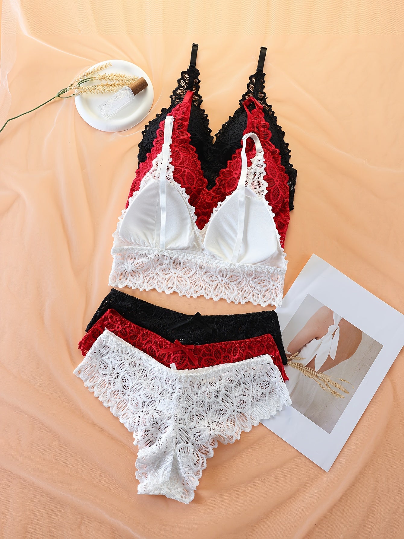 3 Sets Floral Lace Bra & Panties, Wireless Push Up Bra ./MH