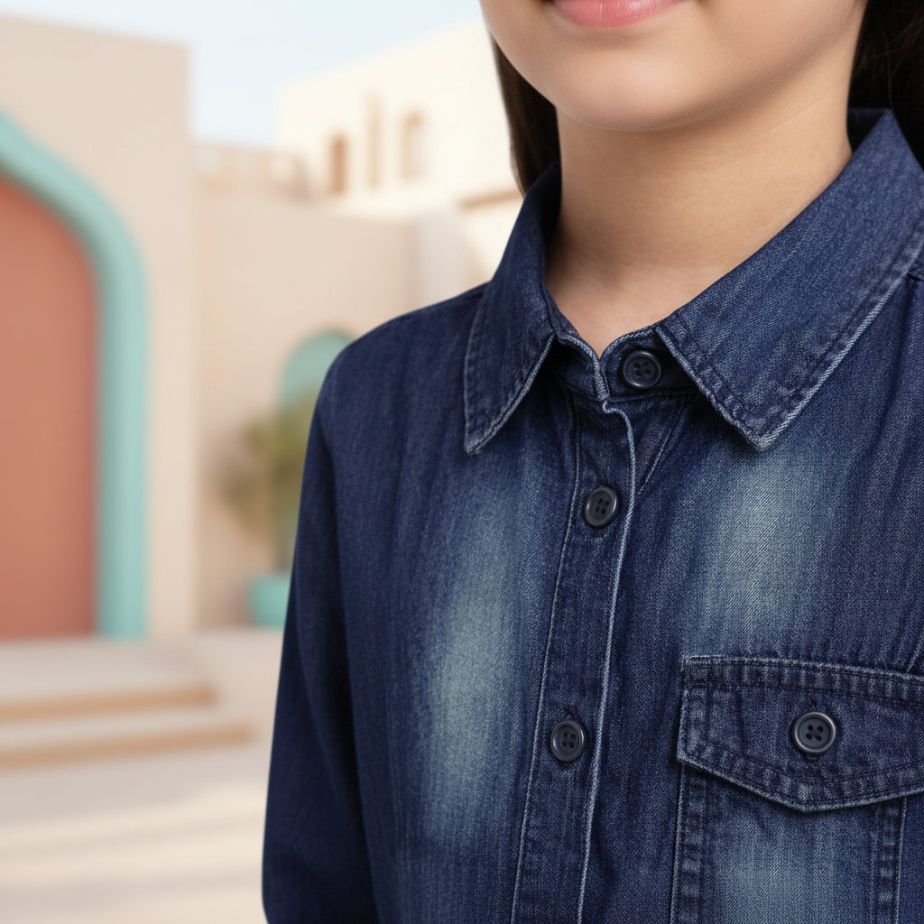 Girls Washed Blue Denim Button-Down Tunic (2–12 Years)