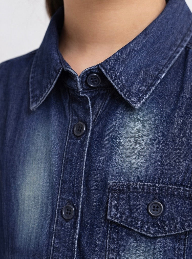 Girls Washed Blue Denim Button-Down Tunic (2–12 Years)
