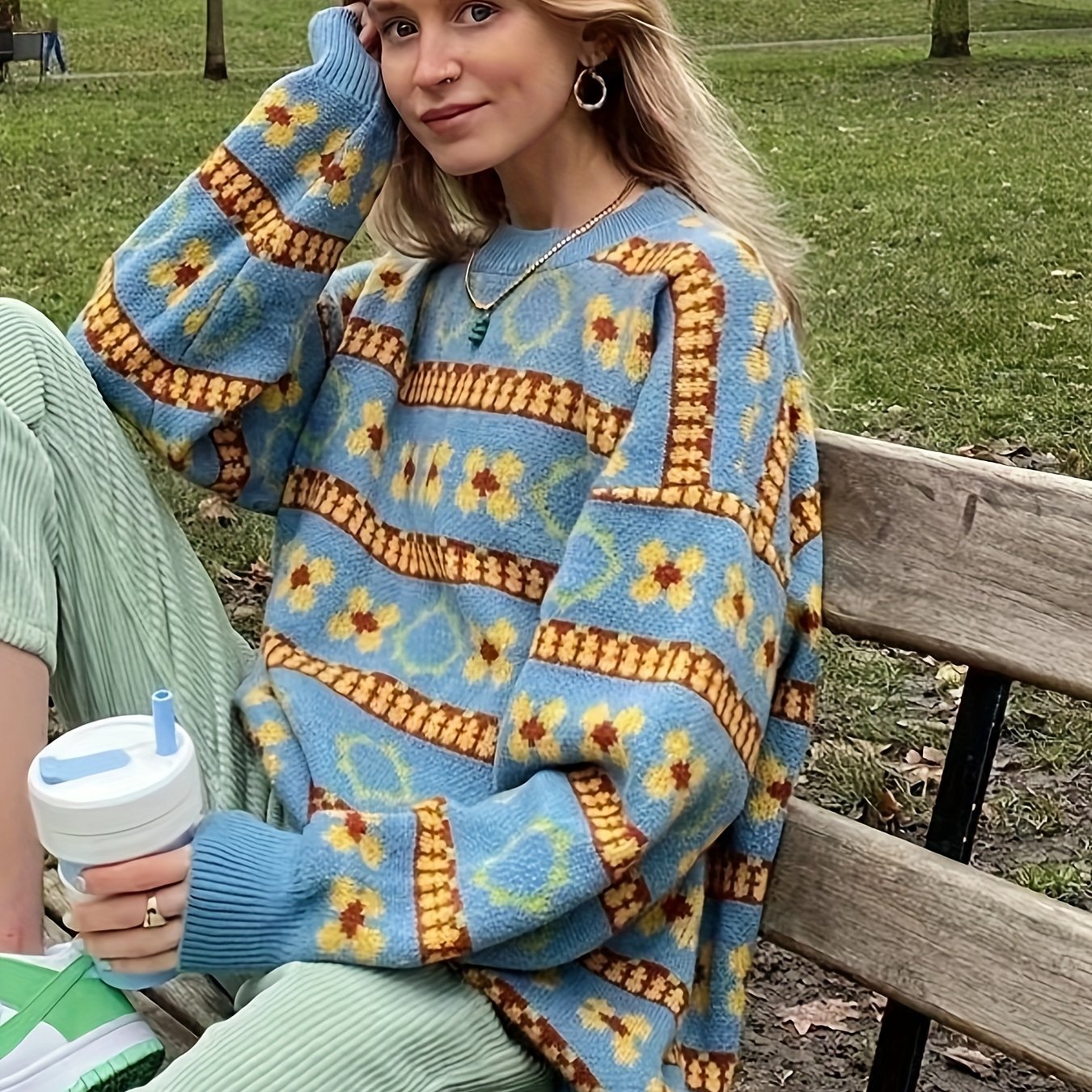 Womens Floral Charm - Soft Crew Neck Pullover Sweater .