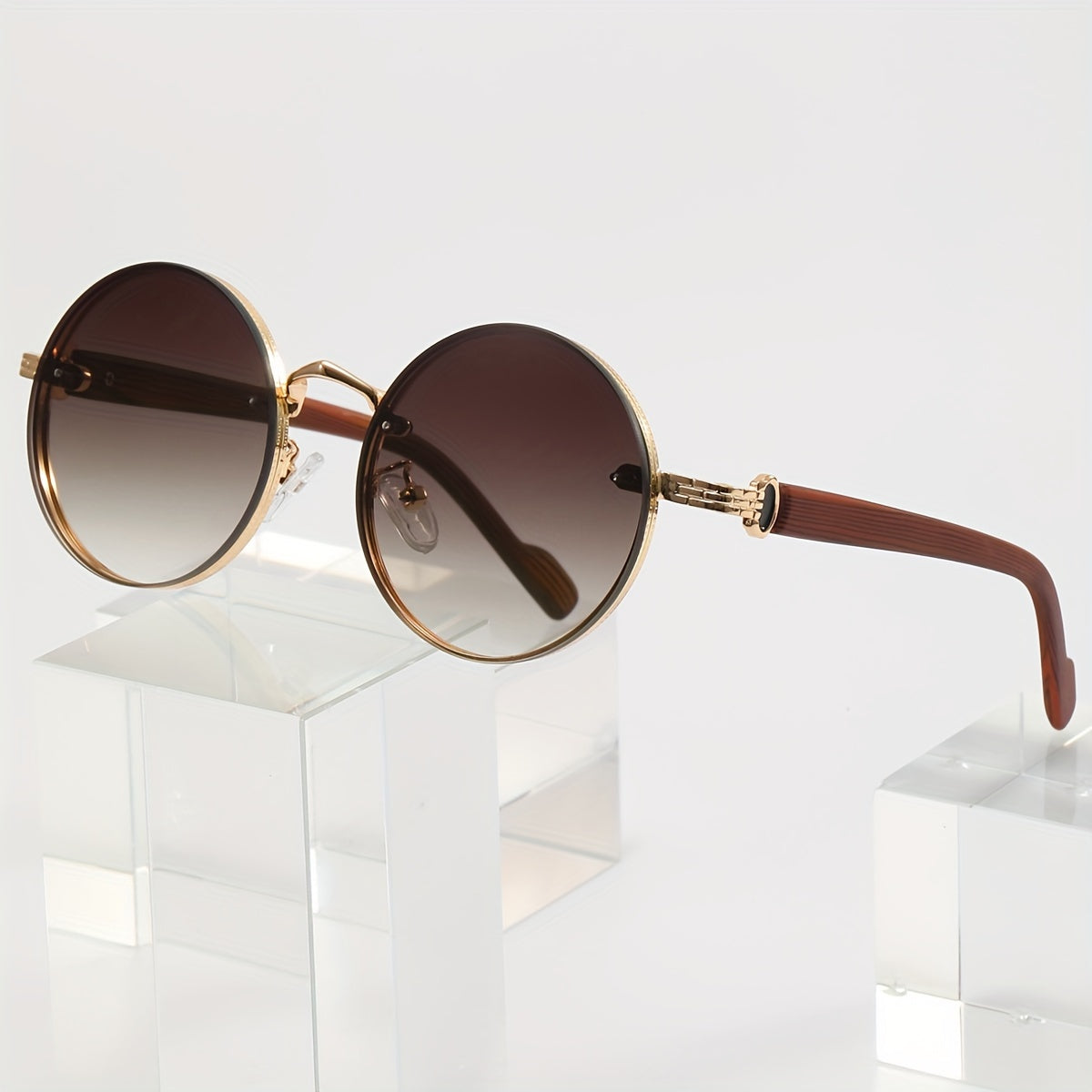 Round Metal Frame, Wood Grain Temples, Fashionable Eyewear for Men & Women,