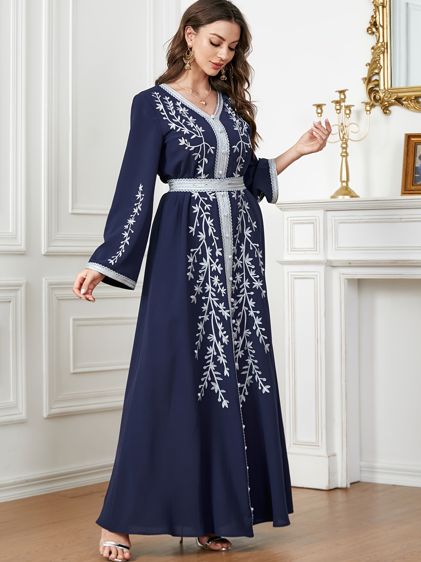 Floral Pattern Kaftan Dress, Elegant V Neck '/MH