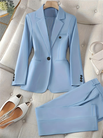 Plain Color Elegant Suit Set, Single Breasted Long Sleeve Blazer.