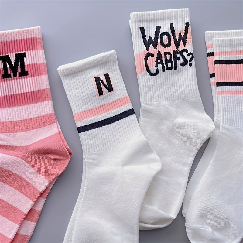 7 Pairs Letter Striped Socks,, Women's Stockings & Hosiery./MH