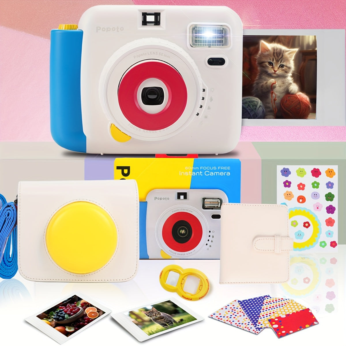 Popoto Instant Camera Gift Set with PU Case - Flash-Enabled, Battery-Free Photography Kit for Outdoor Parties (Camera & Accessories Included, No Batteries or Film)