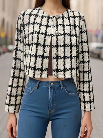 Plaid Print Open Front Blazer, Elegant Long Sleeve Coat For Spring.