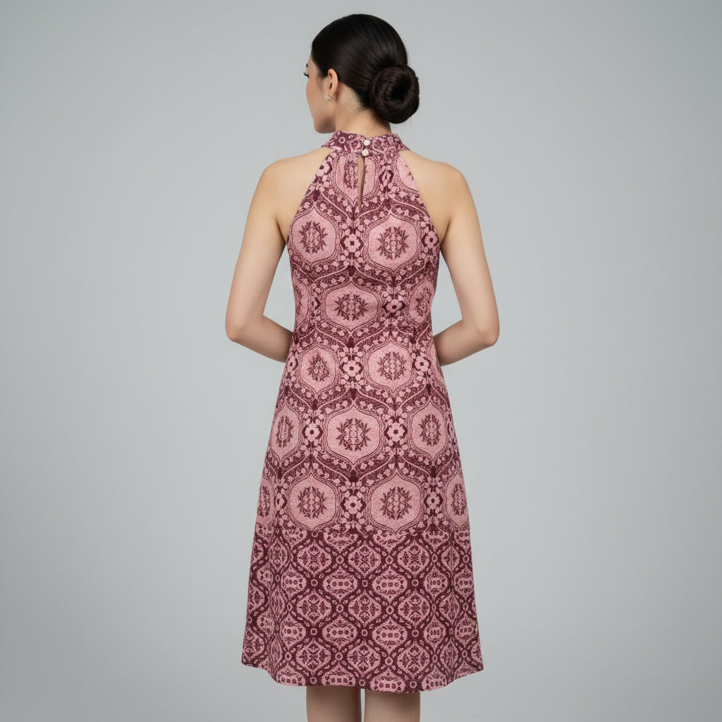 Pink Geometric Halter Neck Dress - Modest Midi Dress for Women | Sizes S, M, L, XL | MH