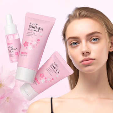 Sakura Cleanser Skin Care Travel Gift Set 3pcs, Face Wash 50g, Serum 17ml, Moisturizer 30g, with Vitamin C, Niacinamide, Hyaluronic Acid