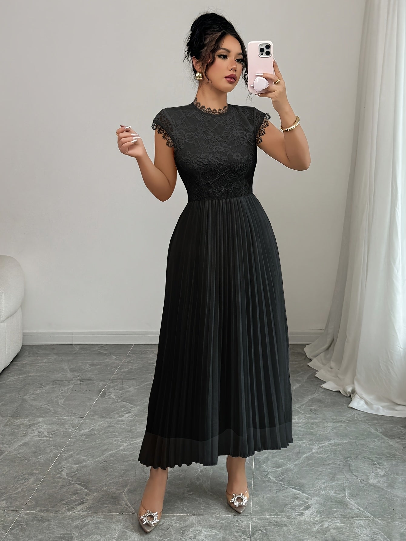 Women'S Elegant Black Floral Lace-Trimmed Pleated Maxi Dress -/MH