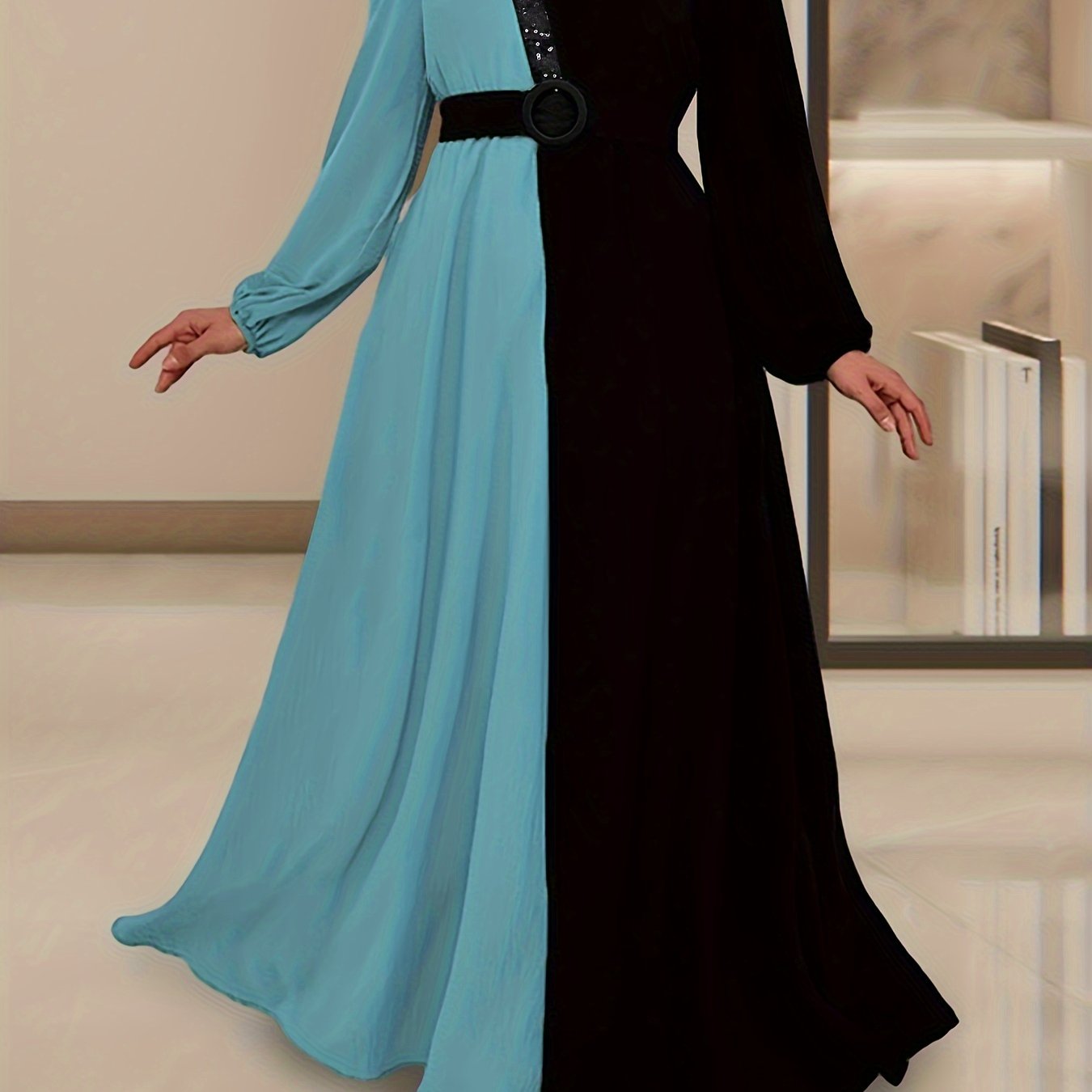 Color Block Long Sleeve Kaftan Dress, /MH
