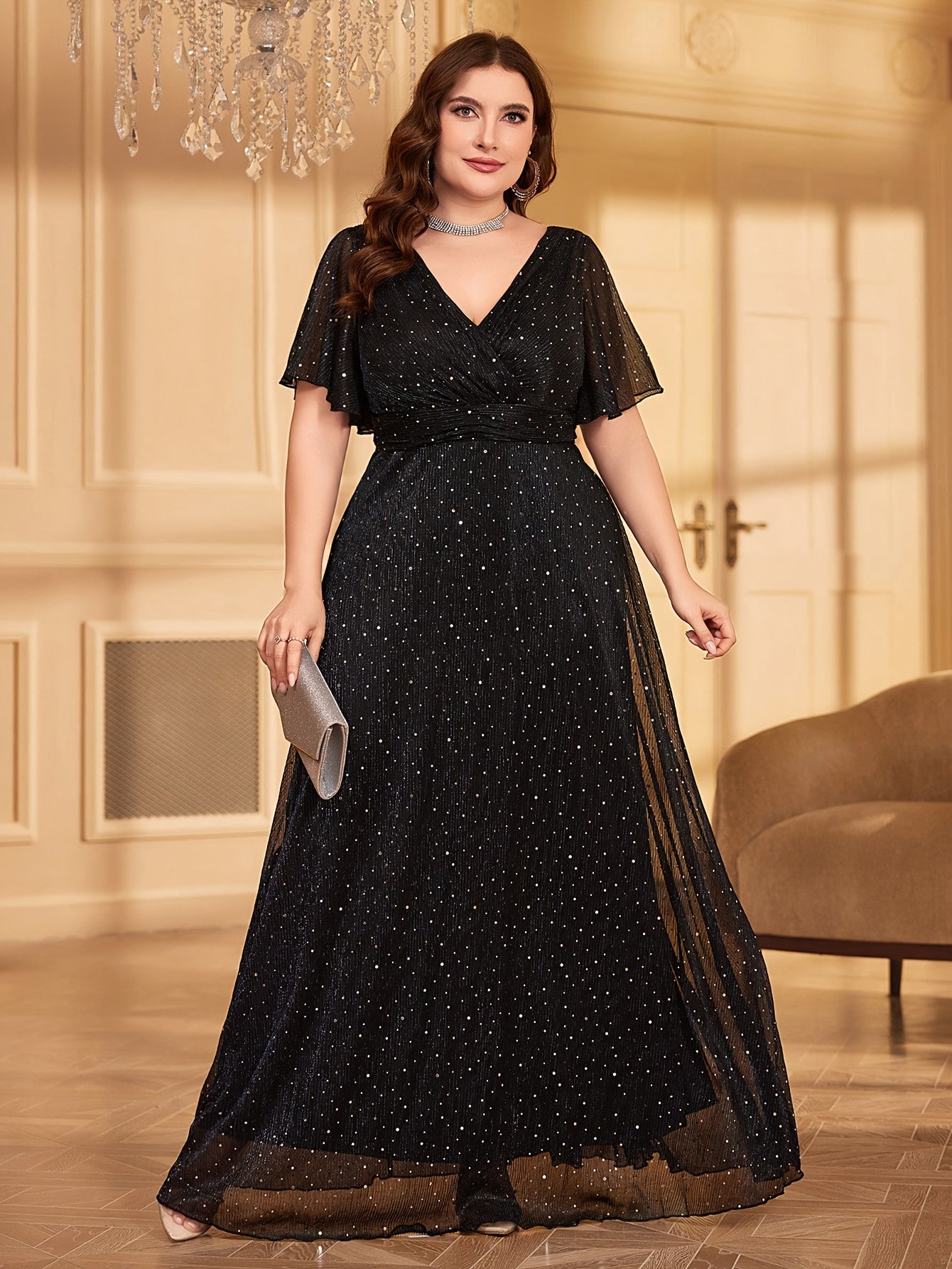 Elegant Long Party Evening Dress with a V-Neck, Ruffled Sleeves, /MH