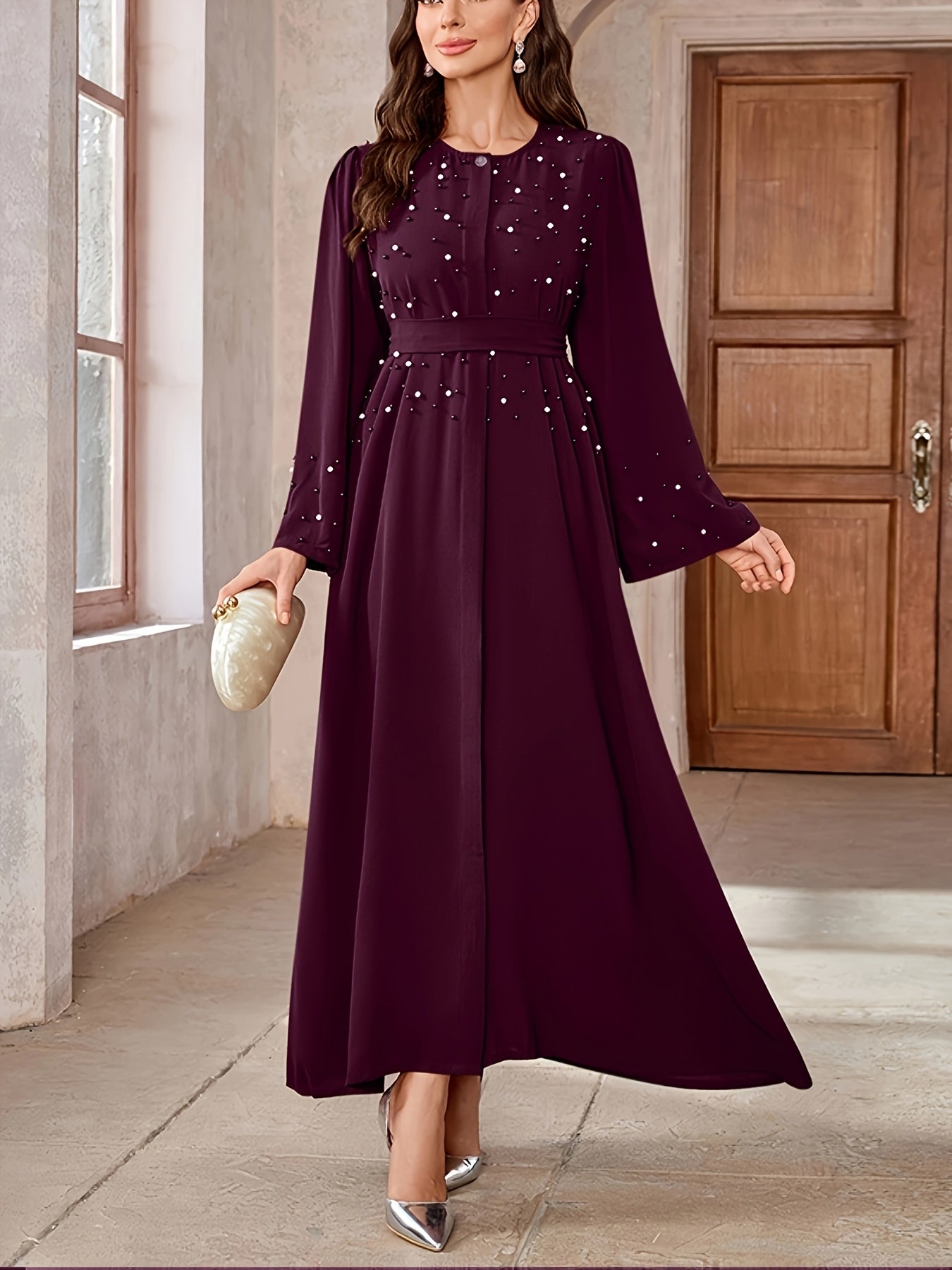 Elegant Pearl Embellished Burgundy Abaya./MH
