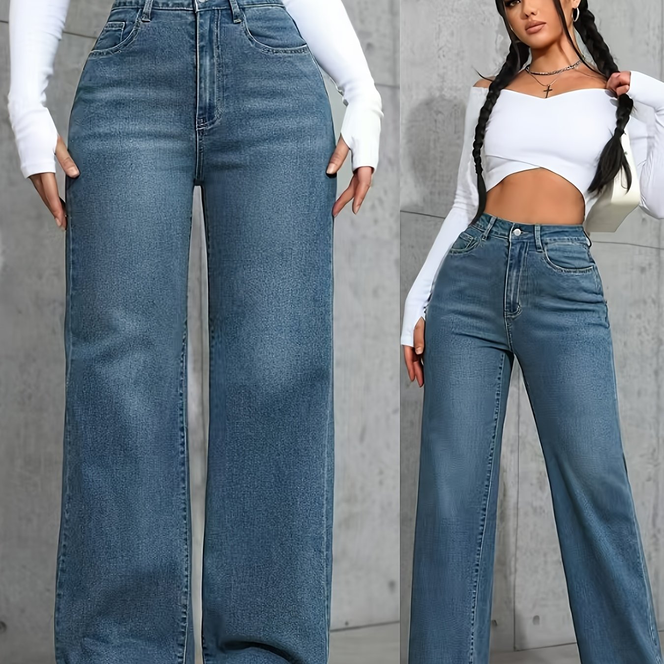 Fashion versatile blue high-waisted stretchy loose straight-leg Women's denim trousers./MH