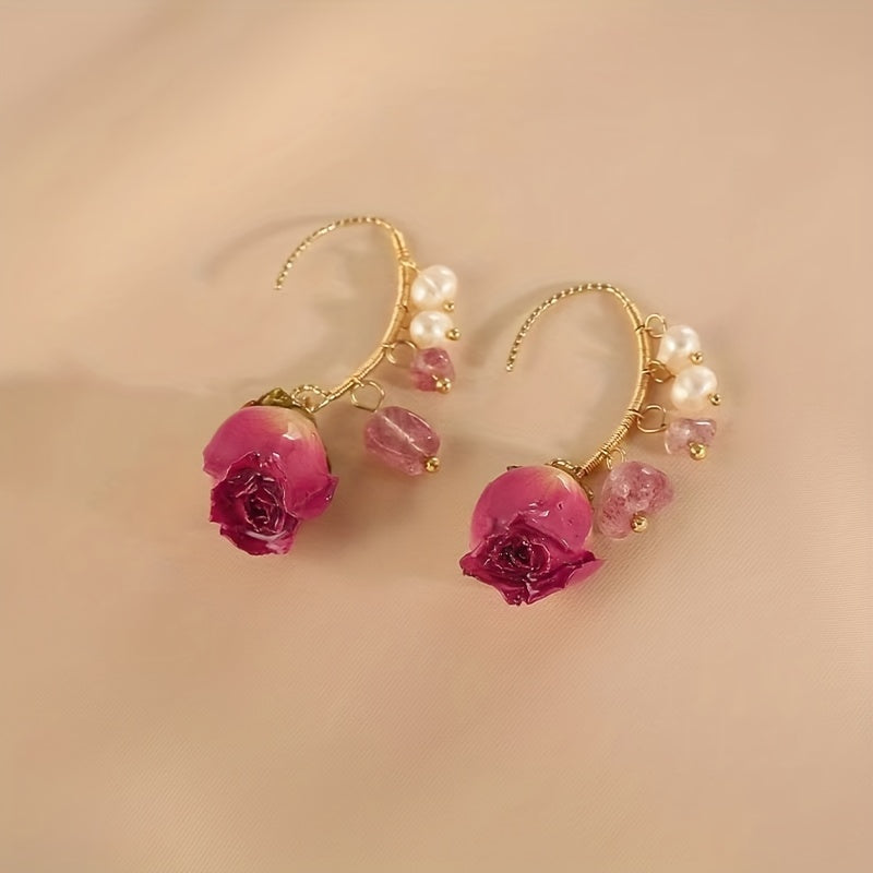 Delicate Eternal Rose Flower Earrings - Copper Jewelry with Faux Pearl Decor, Pastoral Elegant Style, Exquisite Gift for Women, Hypoallergenic, Nickel-Free, Durable, and Long-Lasting