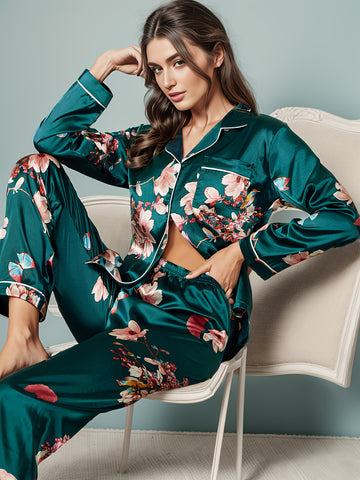 Floral Print Satin Pajama Set,