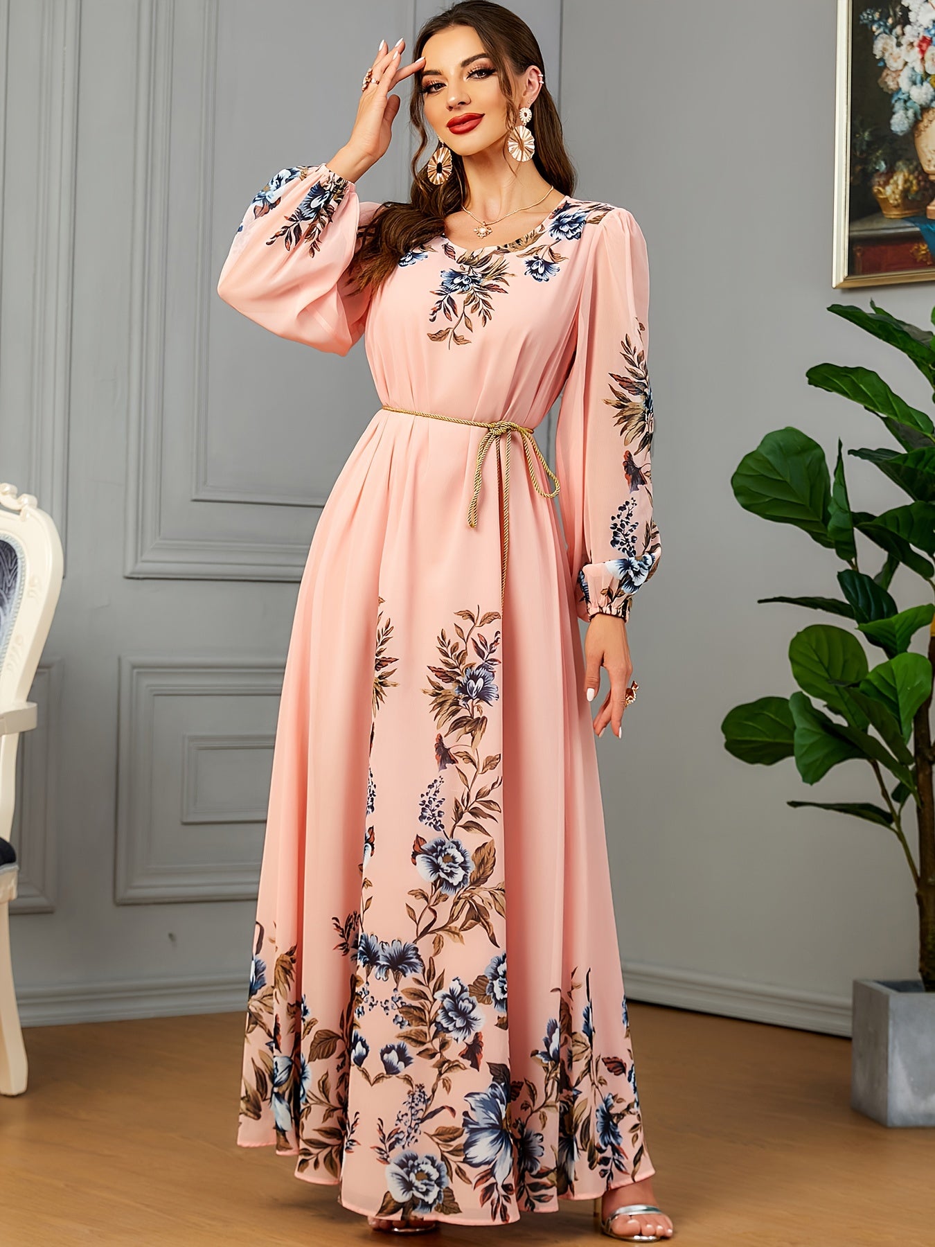 Floral Print Long Sleeve Kaftan Dress, women fashion'/MH
