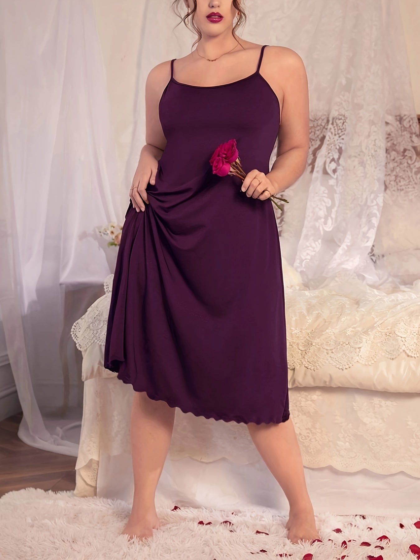 Elegant Off-Shoulder Lace Trim Camisole Night gown ./MH