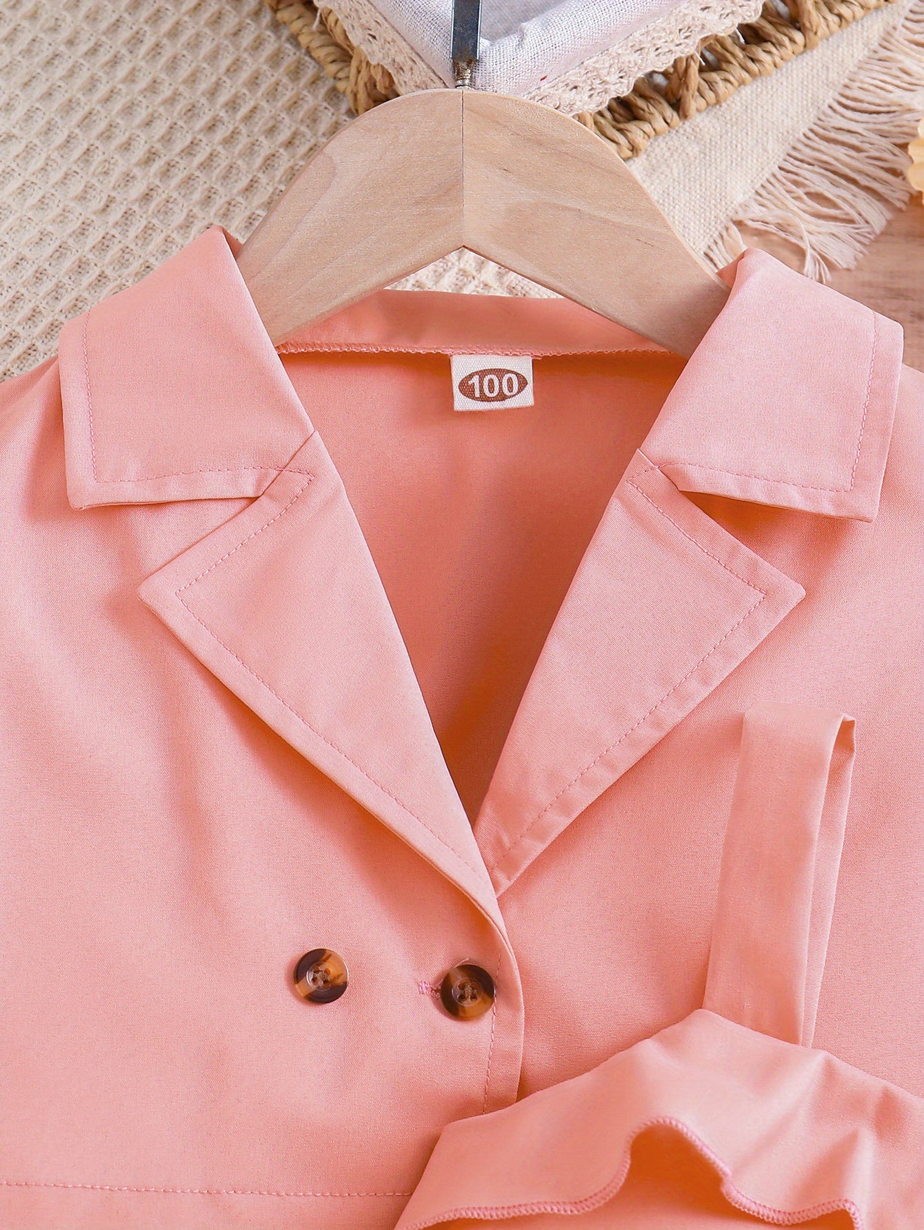 2pcs Girls Fashion Solid Non Stretch Puff Sleeve Double Button Blazer.