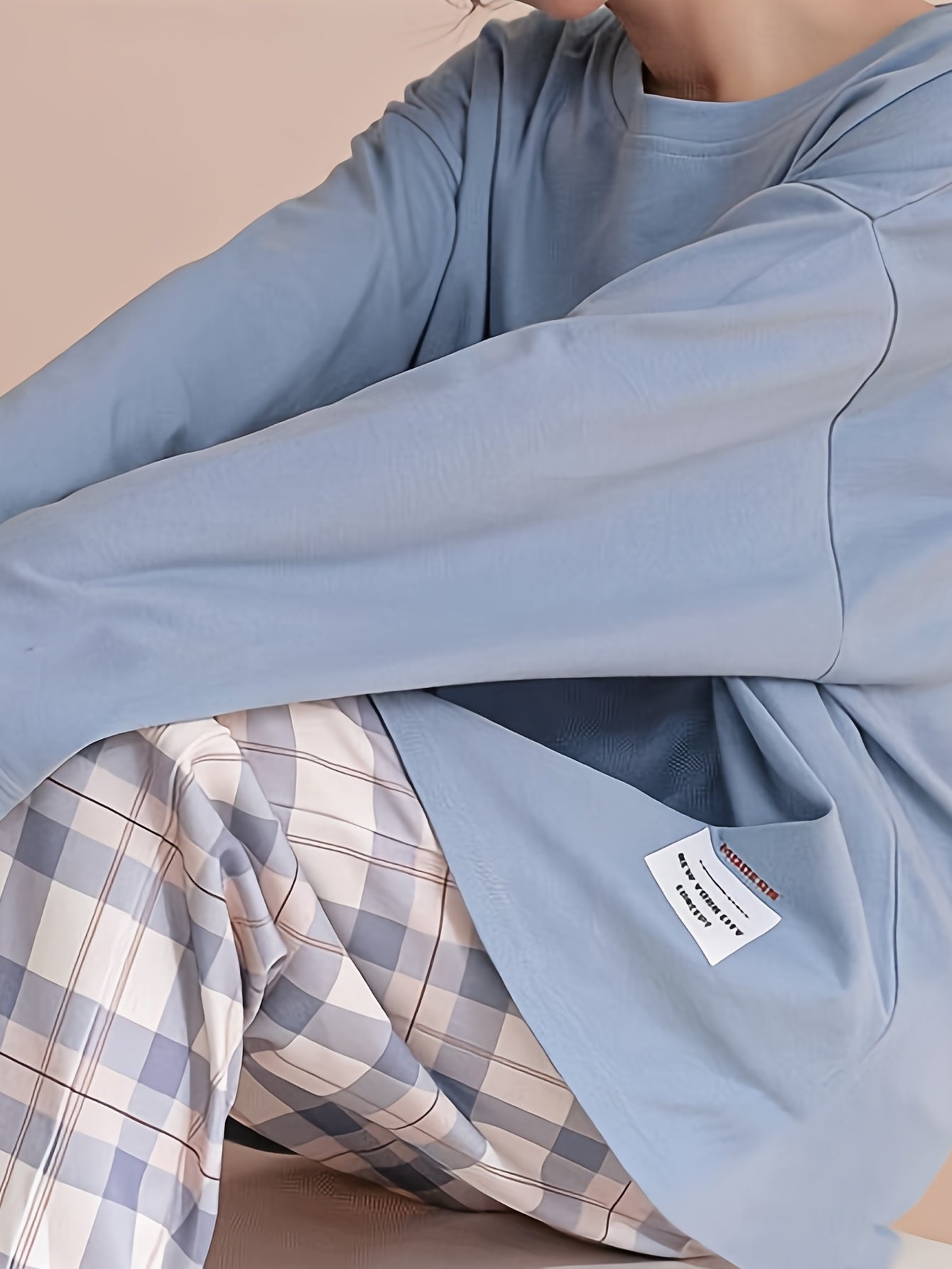 Plaid Print Crew Neck Pajamas Set,