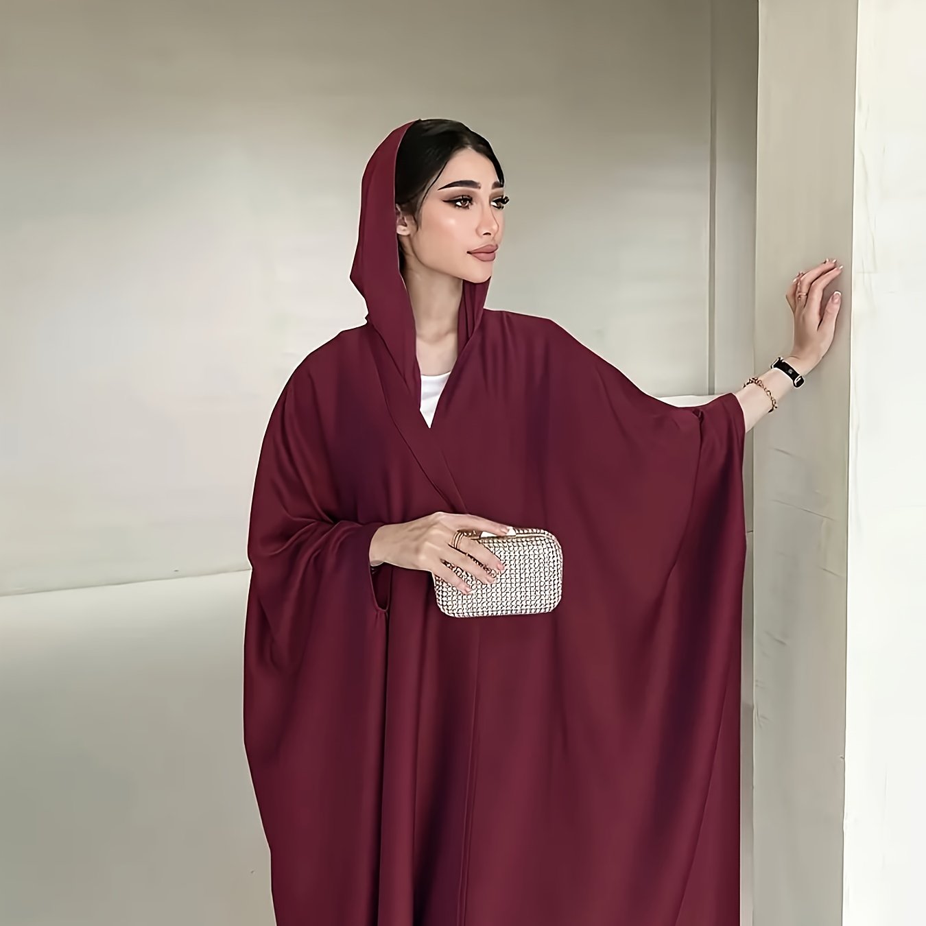 Open Front Hoodie Kaftan Dress, Elegant Long Batwing Sleeve Non-Stretch '/MH
