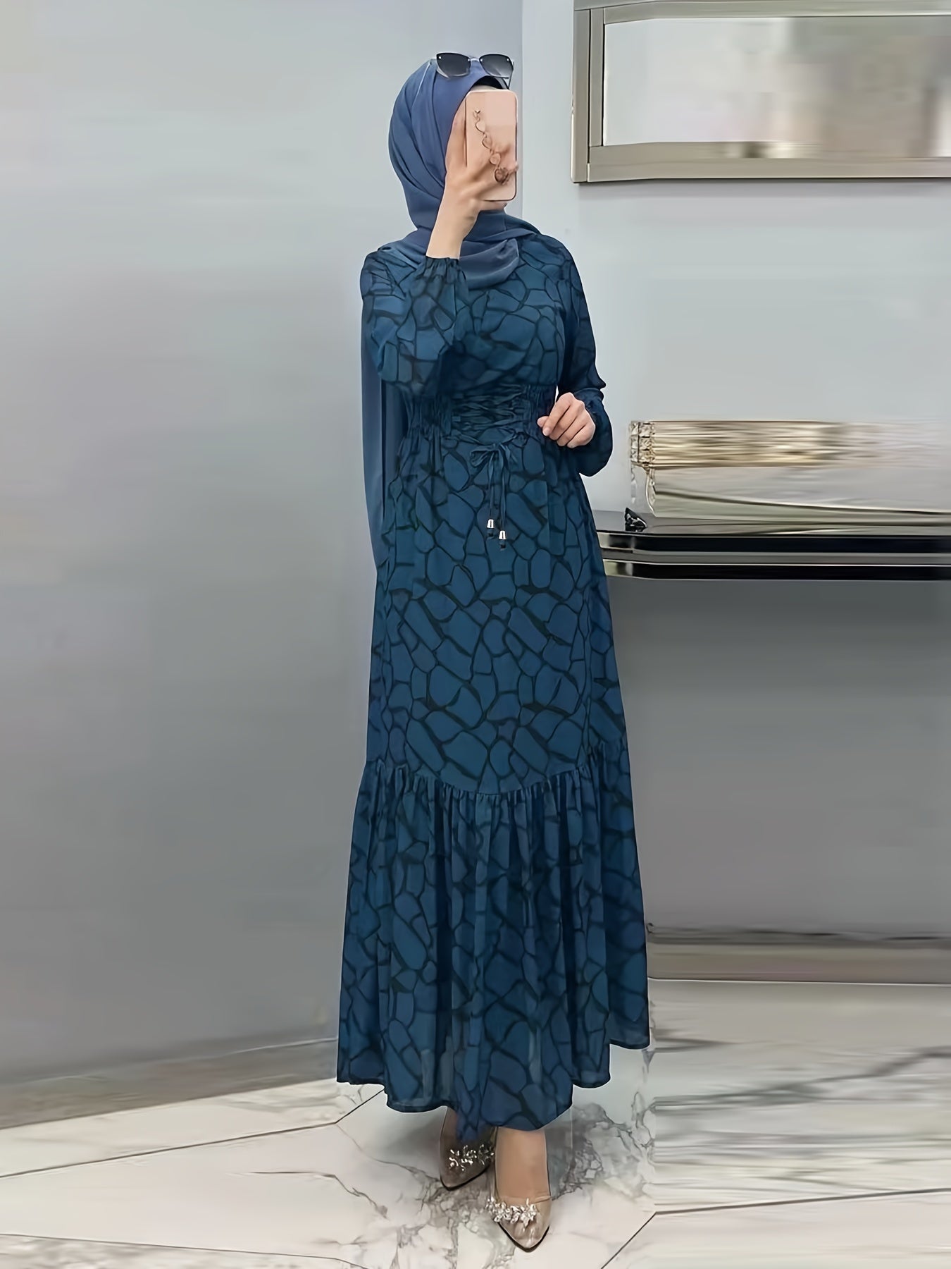 Allover Print Maxi Kaftan Dress, Casual Long Sleeve '/MH