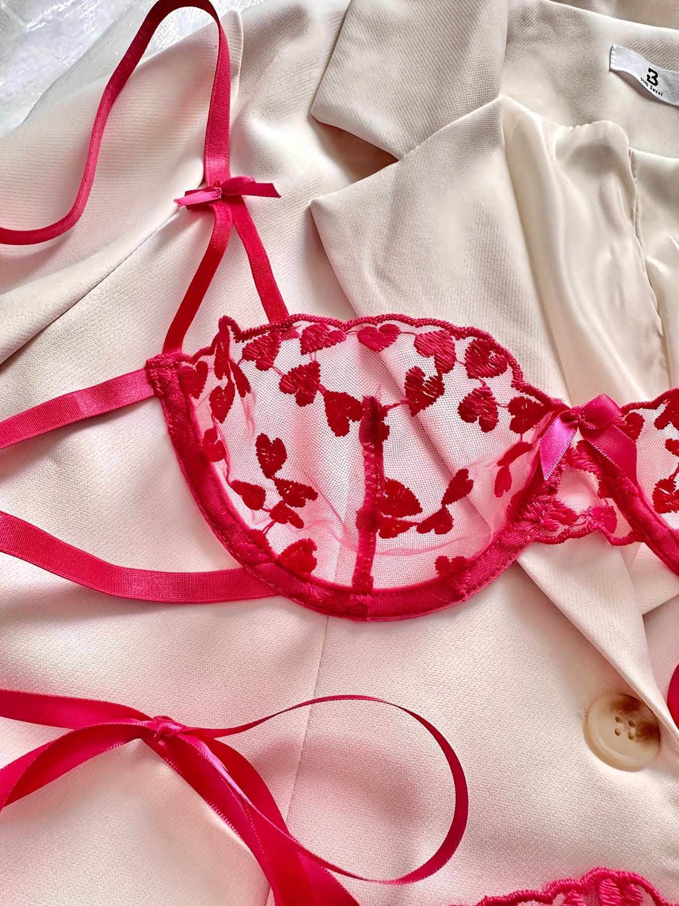 Heart Embroidery Lingerie Set, Mesh Unlined Bra & Strappy Thong,/MH