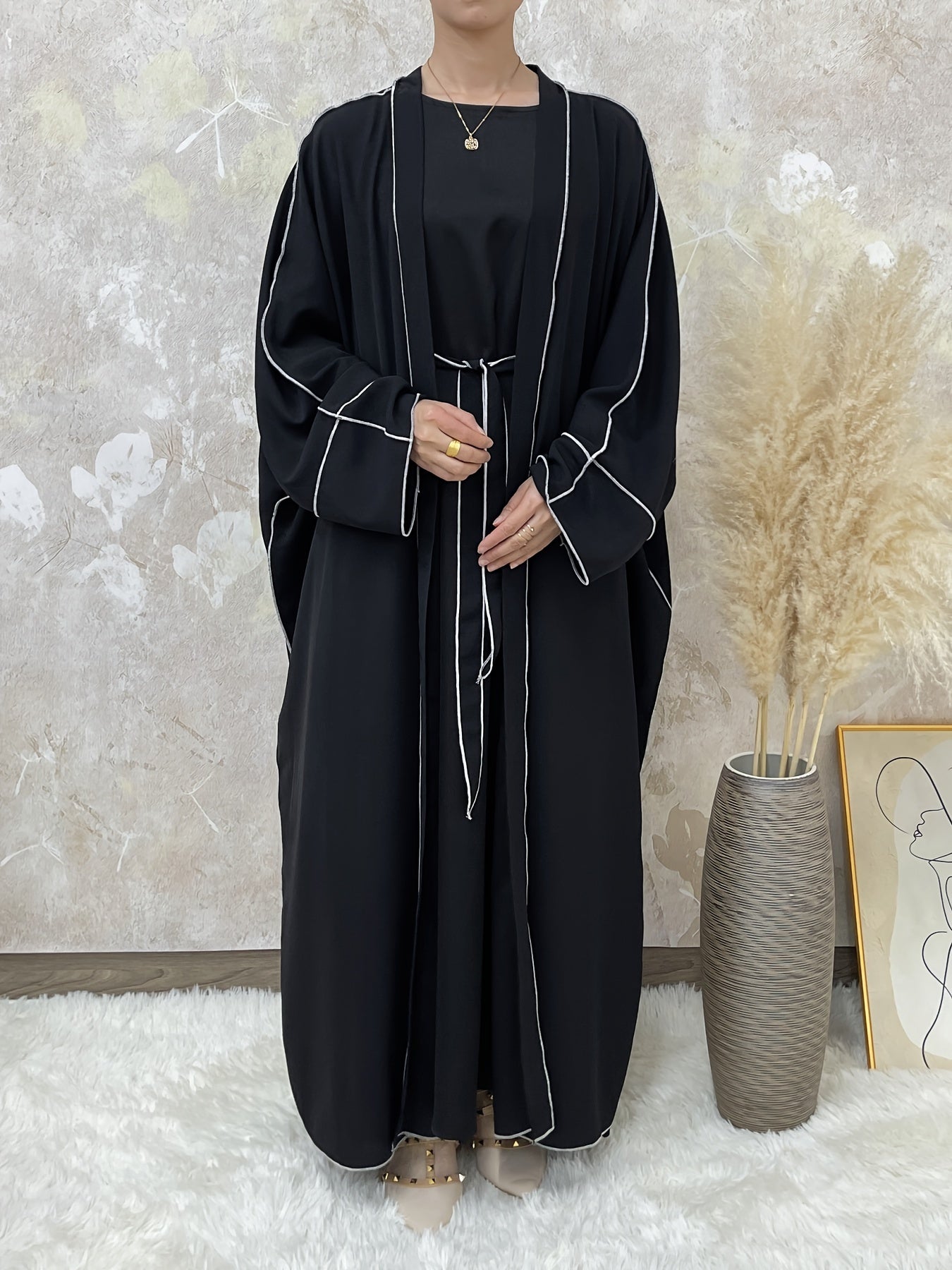 Elegant Contrast Trim Two-piece Set, Open Fron& Khimar Hijab,/MH