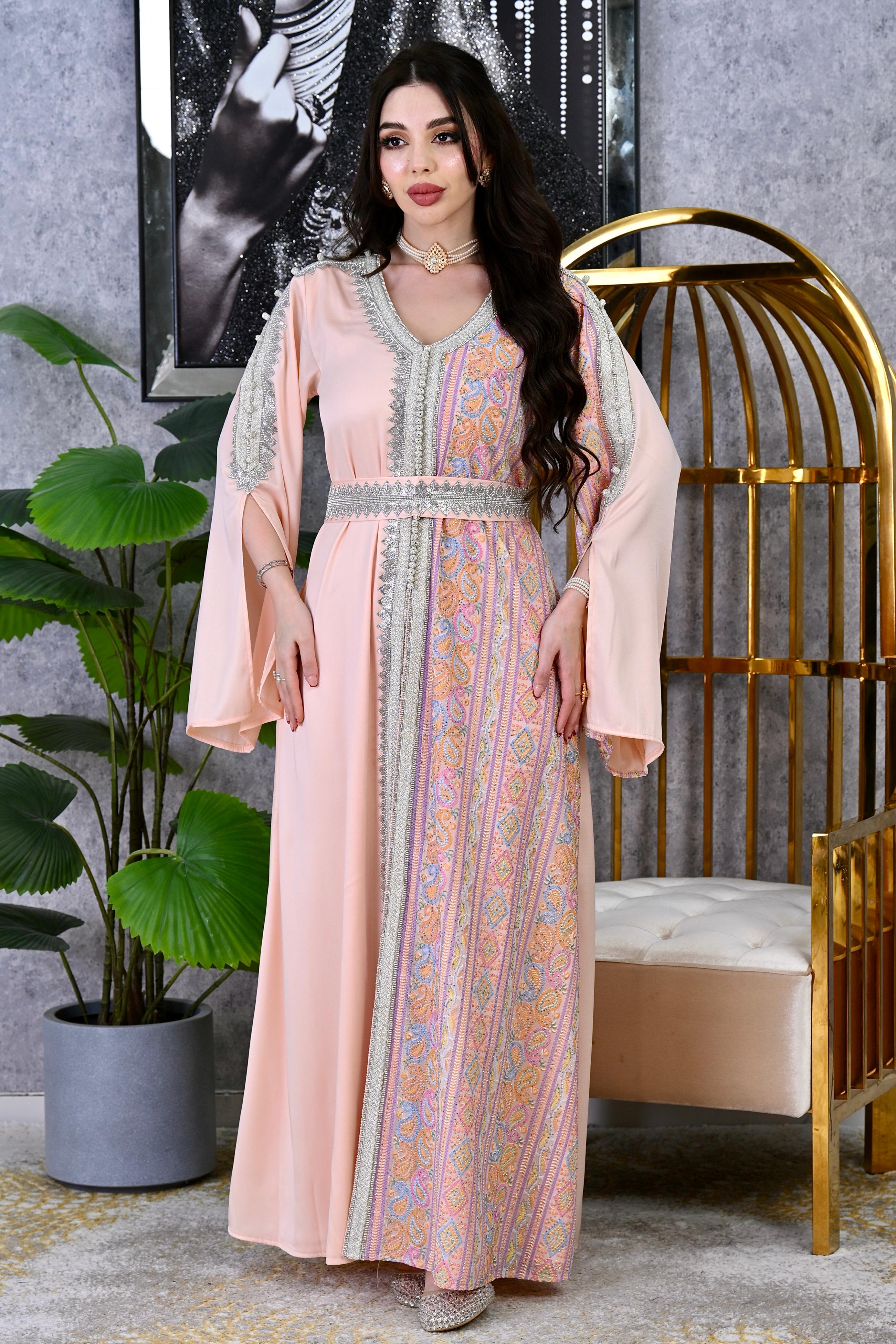 Panel Embroidered Dubai Kaftan with Waist Belt | Eid Occasion Wear Elite Women's Artisan  Luxury Hand-Stitched Occasion Gown |3 colors-| Sizes S-XL | MH