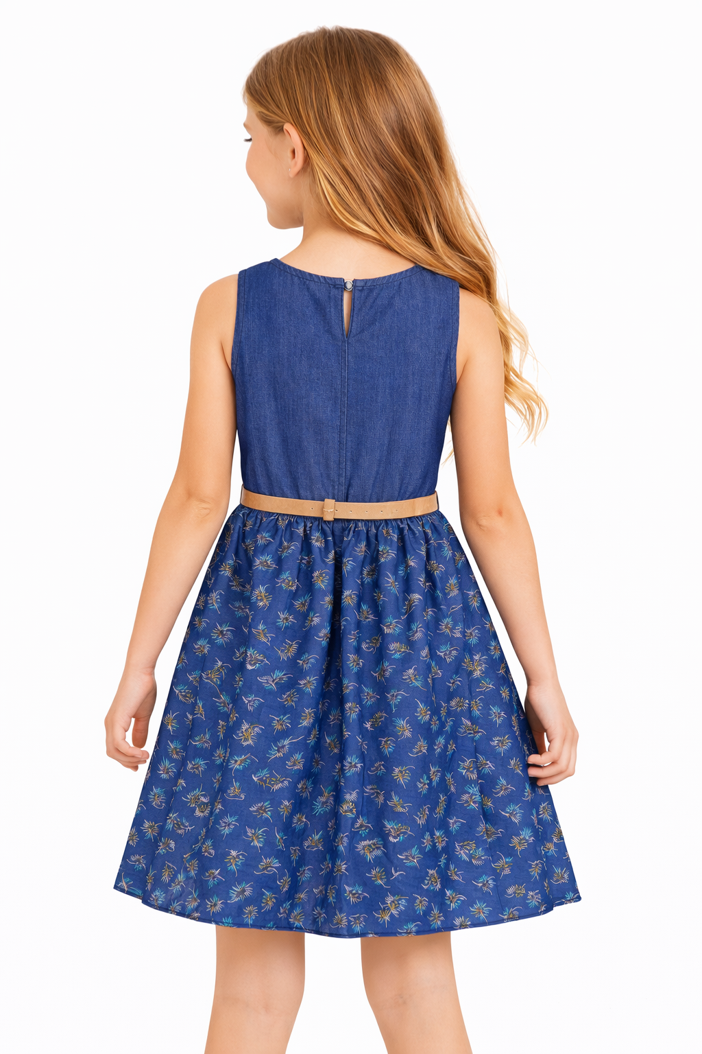 Sleeveless Navy Denim Floral Chambray Dress for Girls with Tan Belt | MH Kids Casual Sundress