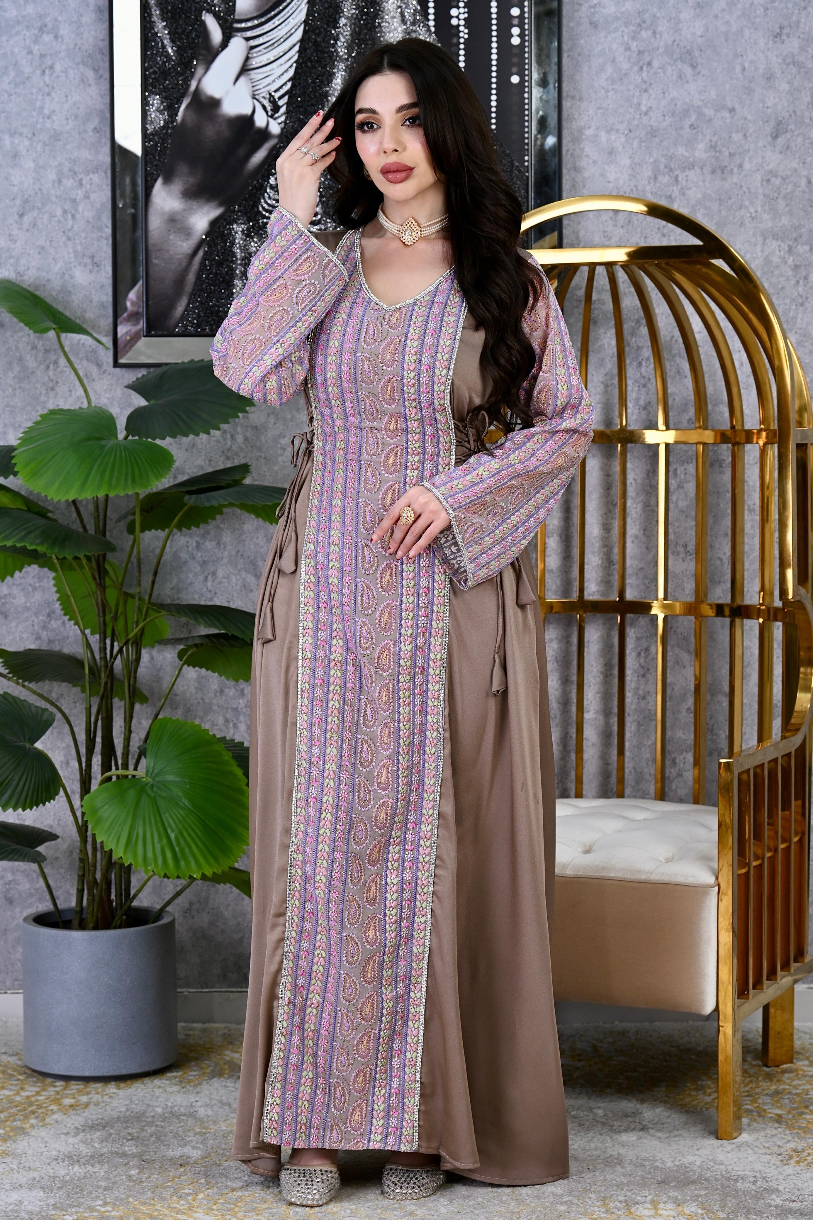 Crystal Panel Crepe Royal Tapestry Embroidered Dress with Adjustable Waist | Modest Evening Wear Dubai Occasion Kaftan | 4 Colors | Sizes F1-F2 | MH