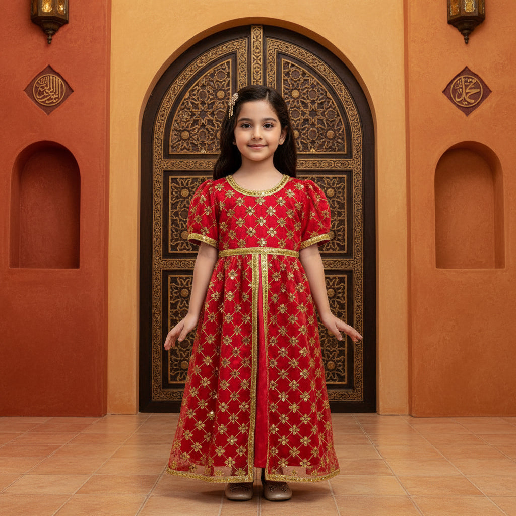 Red Gold Embroidered Girls Abaya Dress with Belt - Modest Islamic Kaftan for Kids | 4, 8 & 10 Years | MH