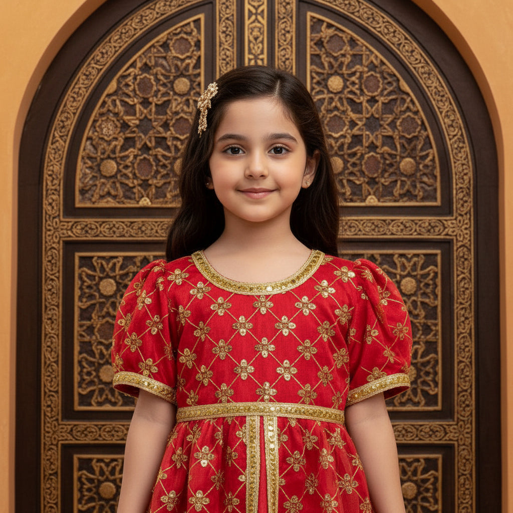 Red Gold Embroidered Girls Abaya Dress with Belt - Modest Islamic Kaftan for Kids | 4, 8 & 10 Years | MH