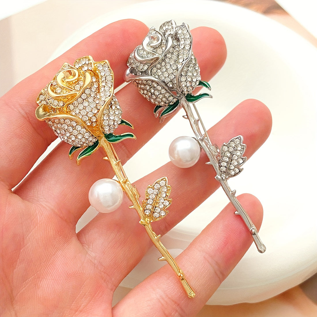 Elegant Rose Flower Brooch with Sparkling Rhinestones & Faux Pearls - Chic Geometric Metal Pin for Women, Perfect for Parties & Gifts