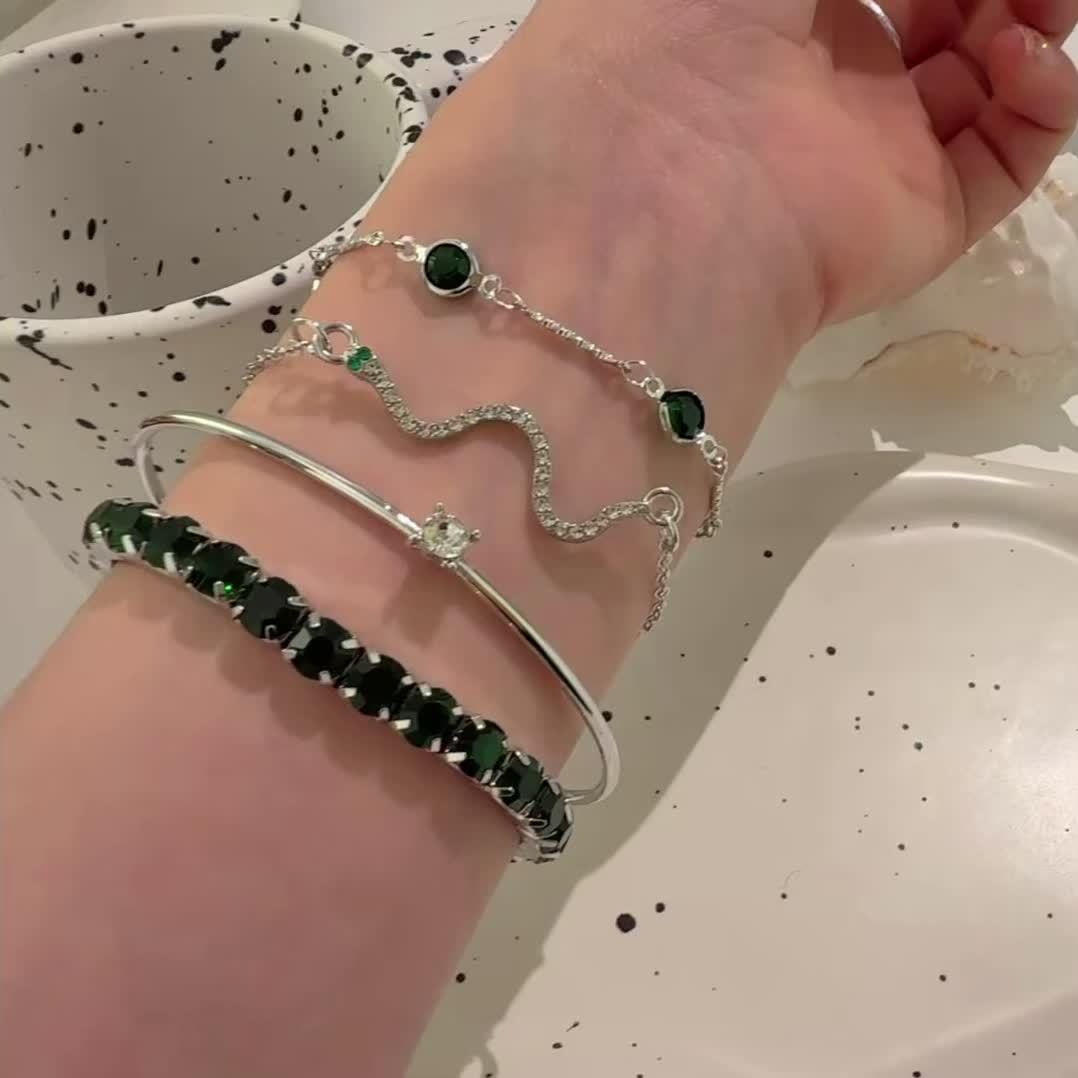 4pcs/Set Elegant Green Imitation Gemstone Rhinestone Claw Chain Snake Bracelet Open Bangle For Women