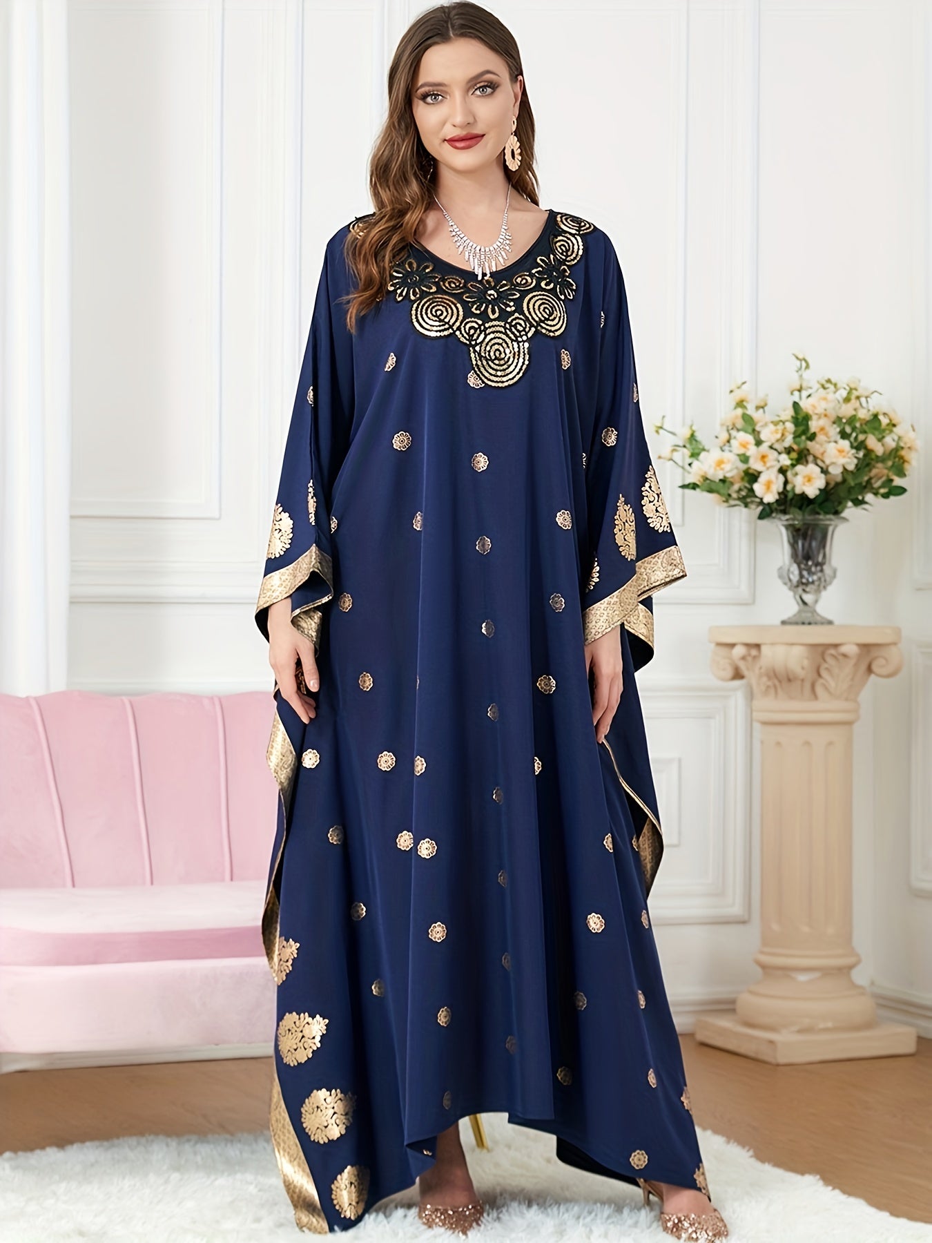 Graphic Print Batwing Sleeve Kaftan Dress, /MH