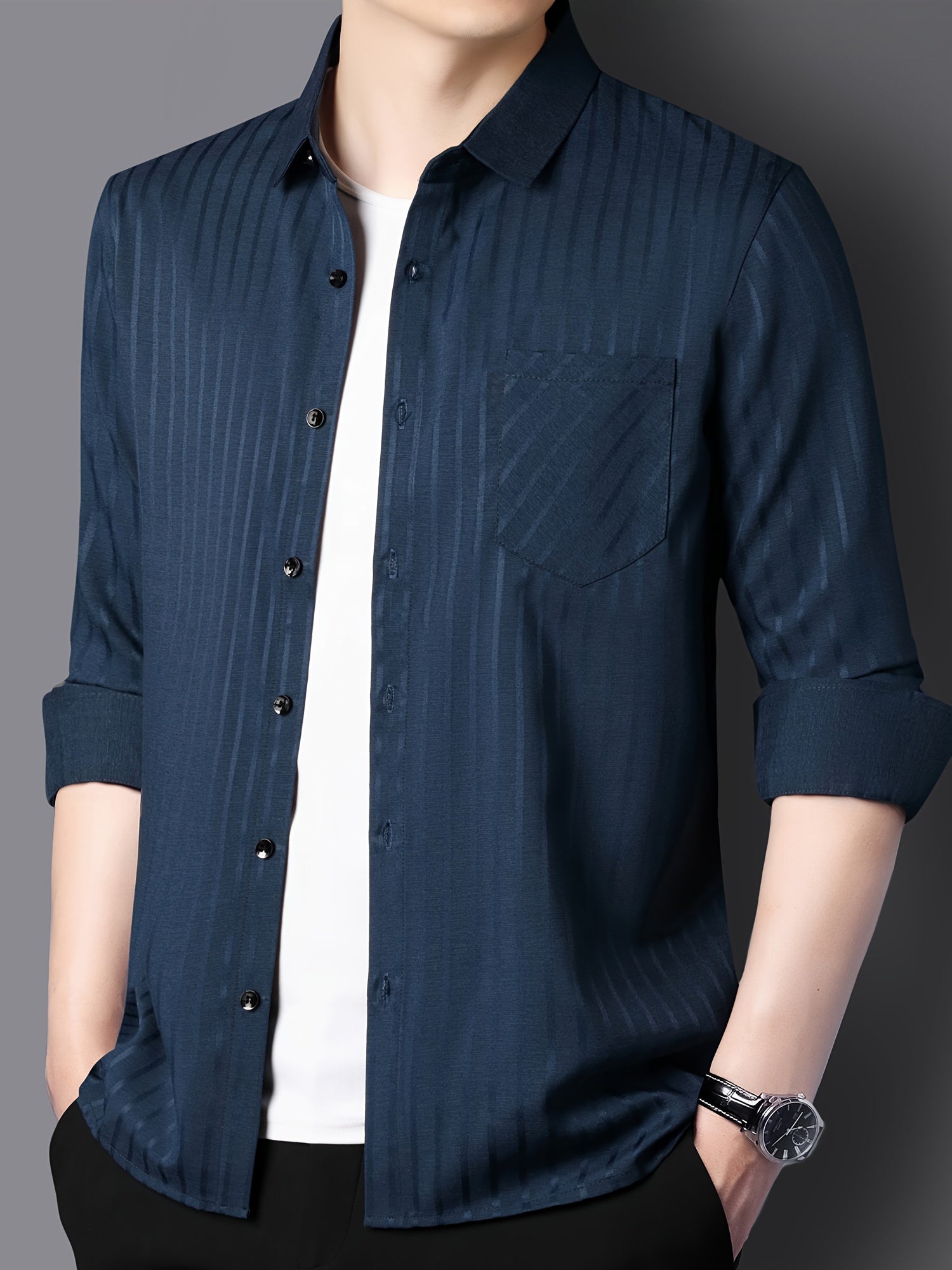 Men's Striped Lapel Collar Design Dress Shirts, Long Sleeve.