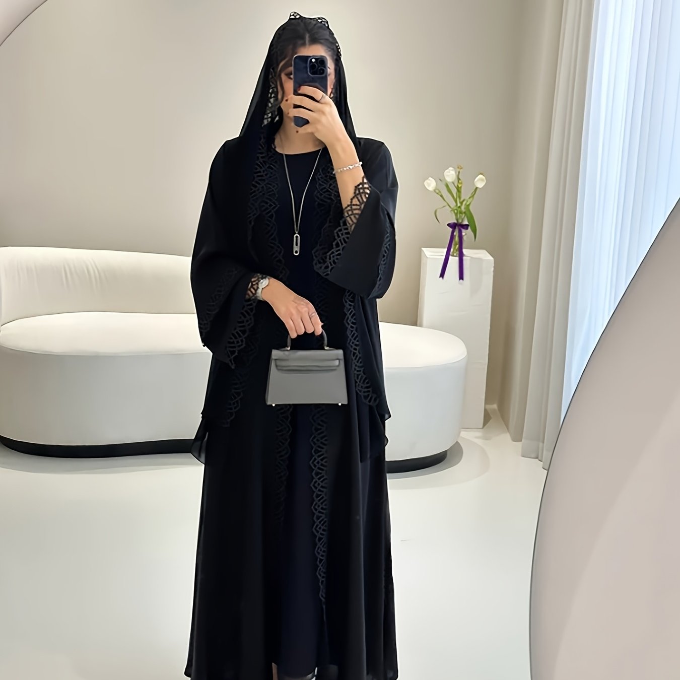 2pcs Set with Lace Trim Muslim Kaftan Plus Sleeveless Vest Skirt, / MH
