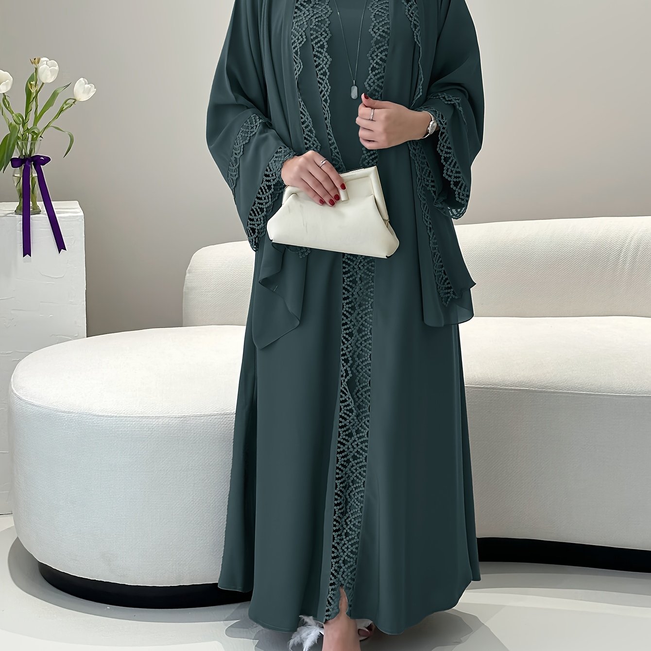 2pcs Set with Lace Trim Muslim Kaftan Plus Sleeveless Vest Skirt, / MH