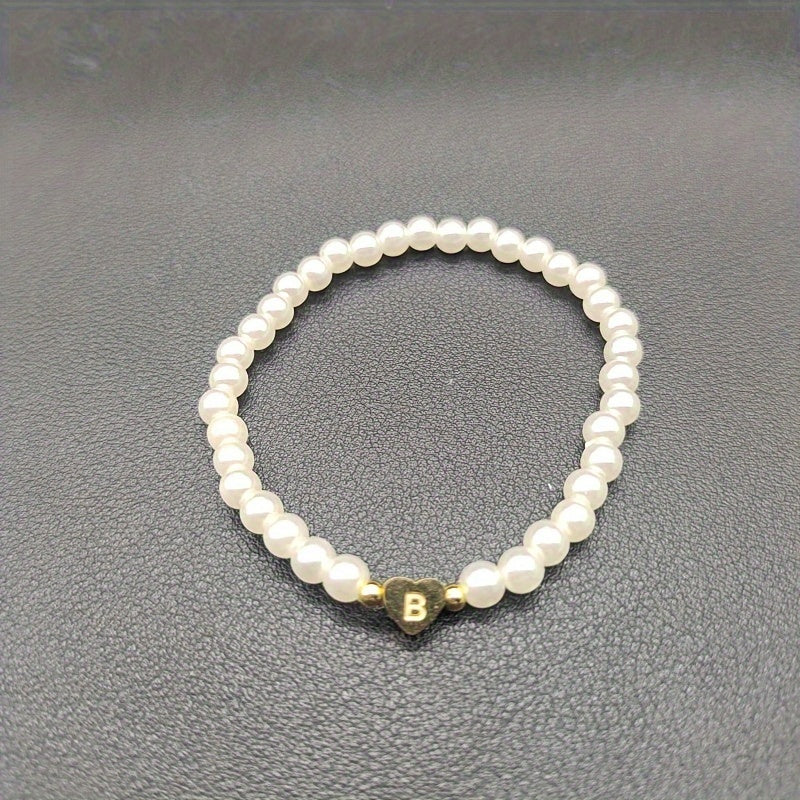 1pc Classic Initial A-Z Lettering Heart Faux Pearl Beaded Bracelet, Elegant Party Jewelry Birthday Gift For Teen Girls