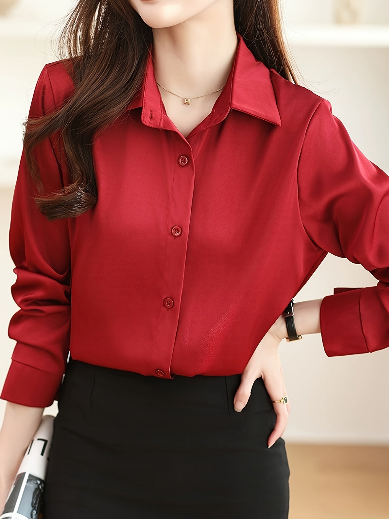 Luxury Feel Wrinkle-Resistant Satin Shirt for Women | Solid Color