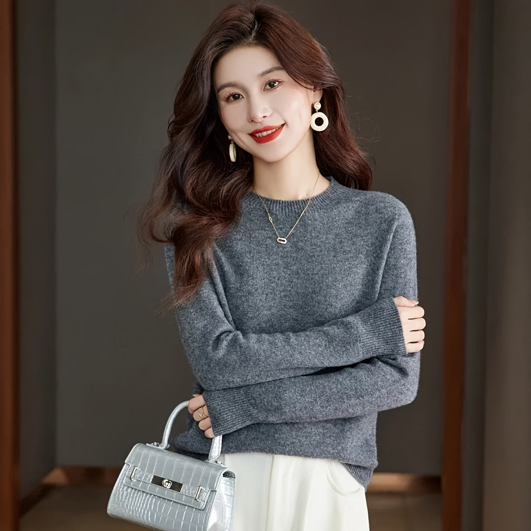 1pc Women'S 100% Wool Crew Neck Long Sleeve Knit Sweater,