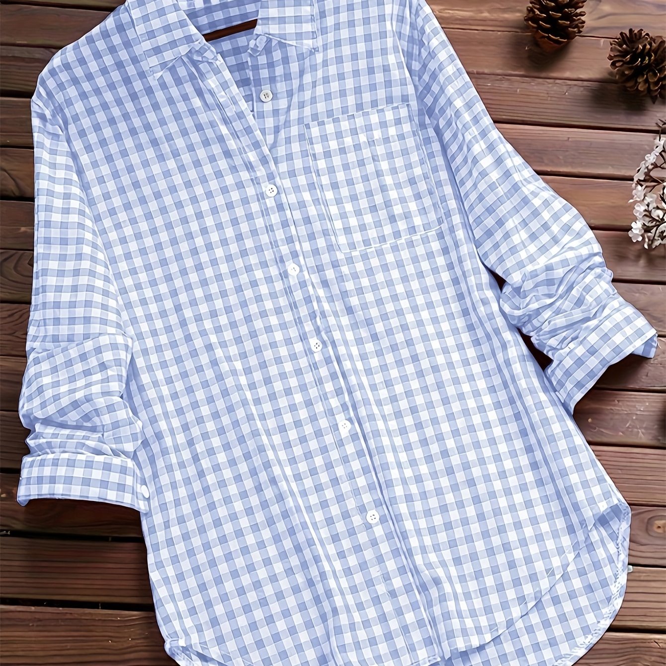 Women'S Casual Long Sleeve Gingham Check Shirt - Light Blue & White,