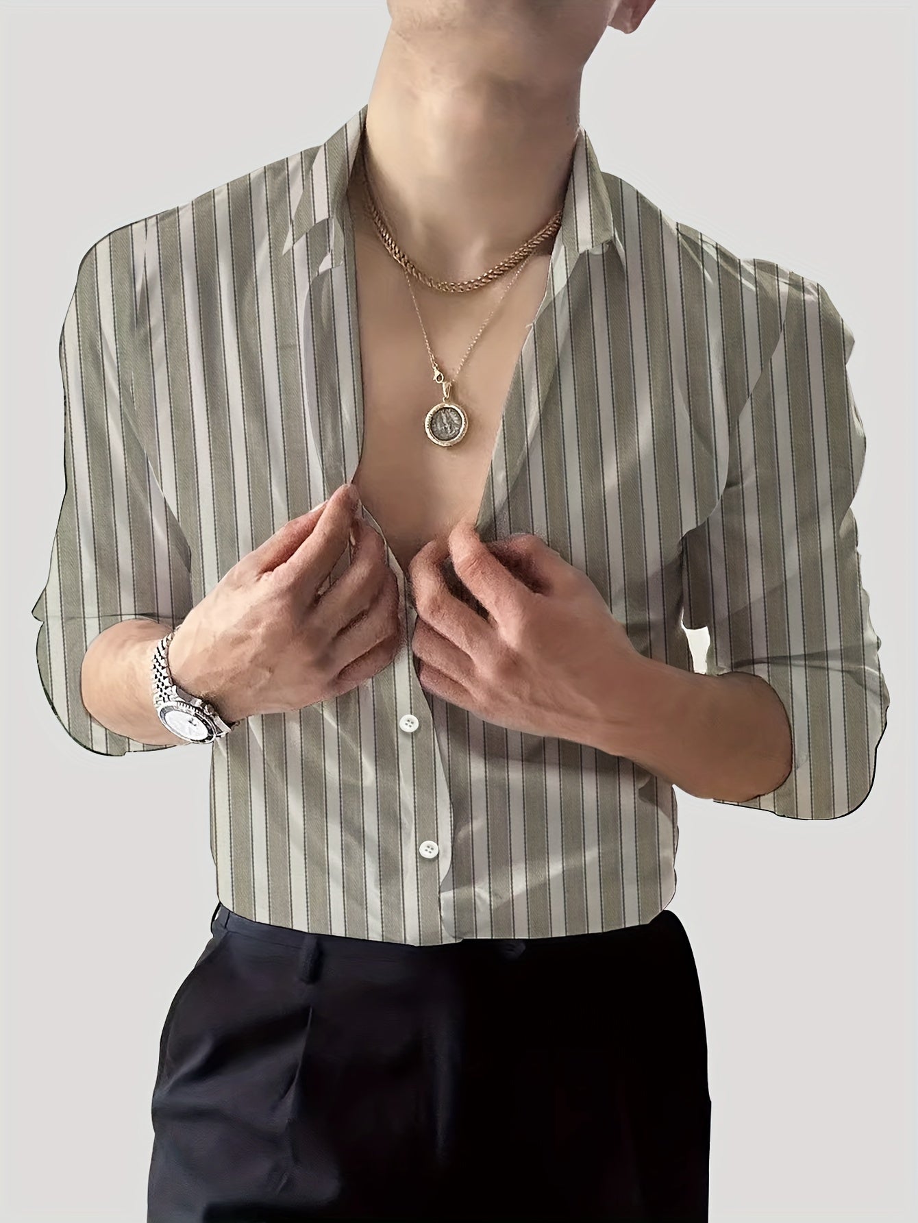 Men's Striped Lapel Collar Dress Shirts, Long Sleeve .