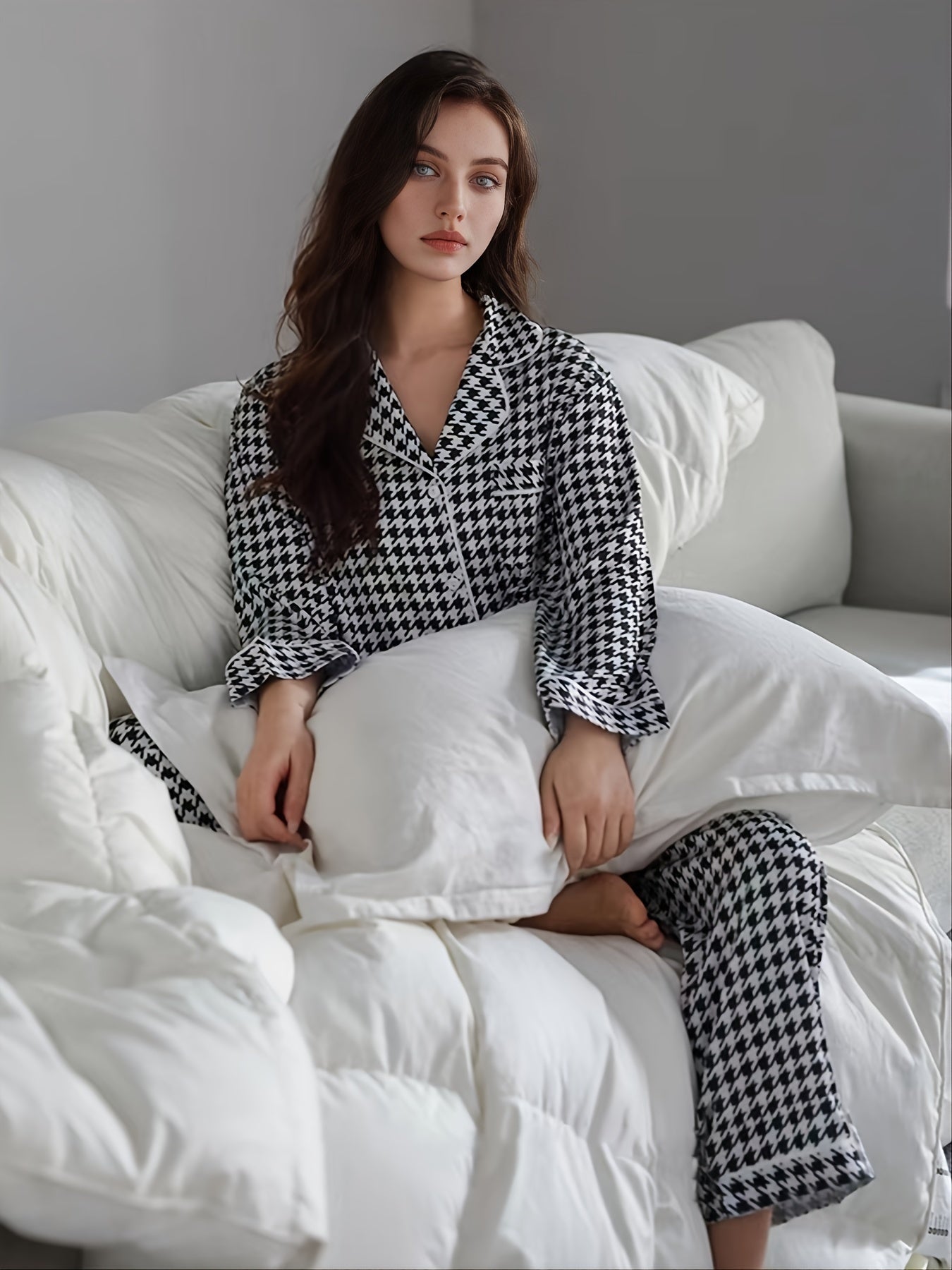 Elegant Classic Houndstooth Print Pajama Set,