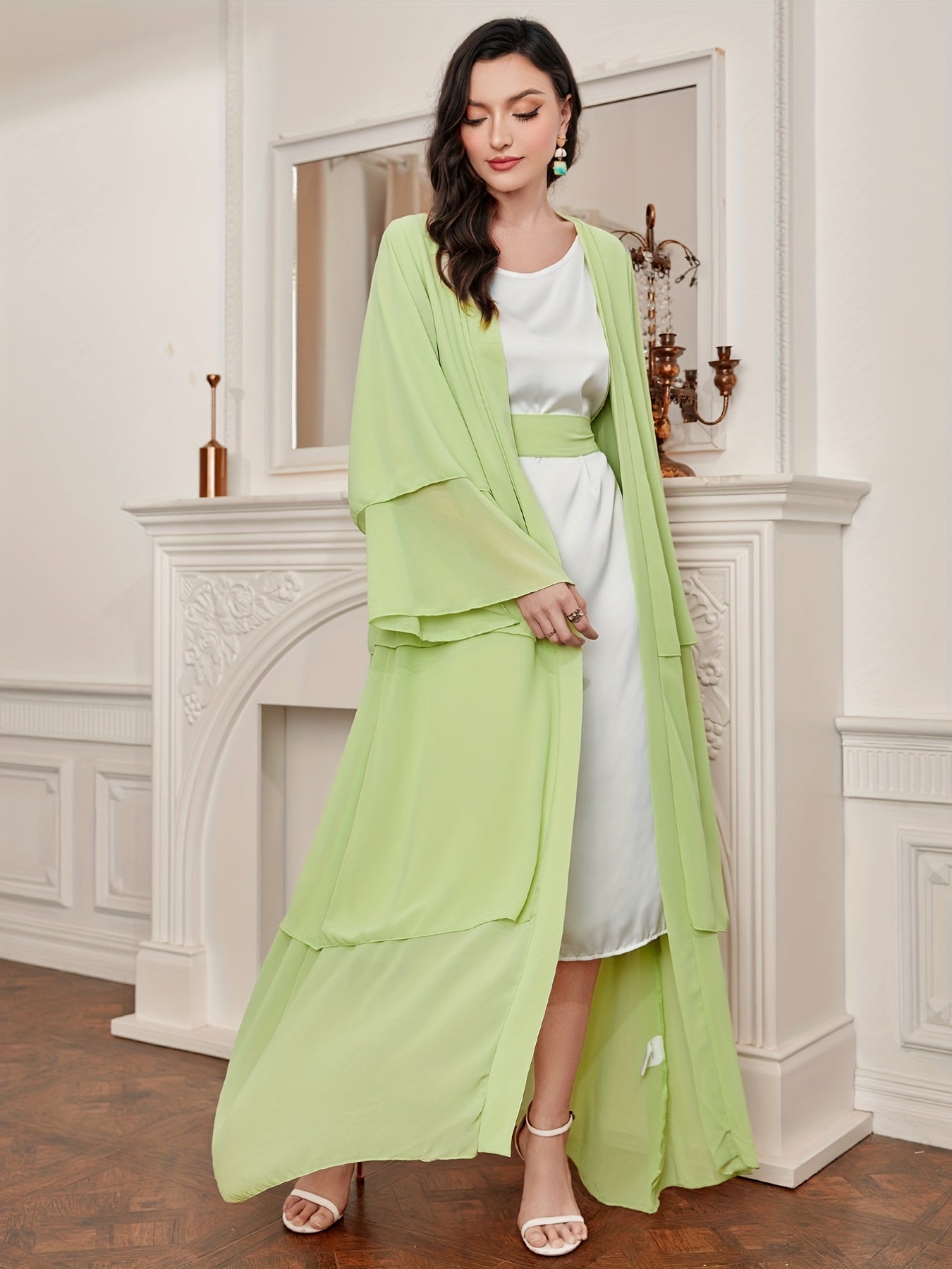 Layered Open Front Modest Dress, Long Sleeve Muslim Dress'/MH