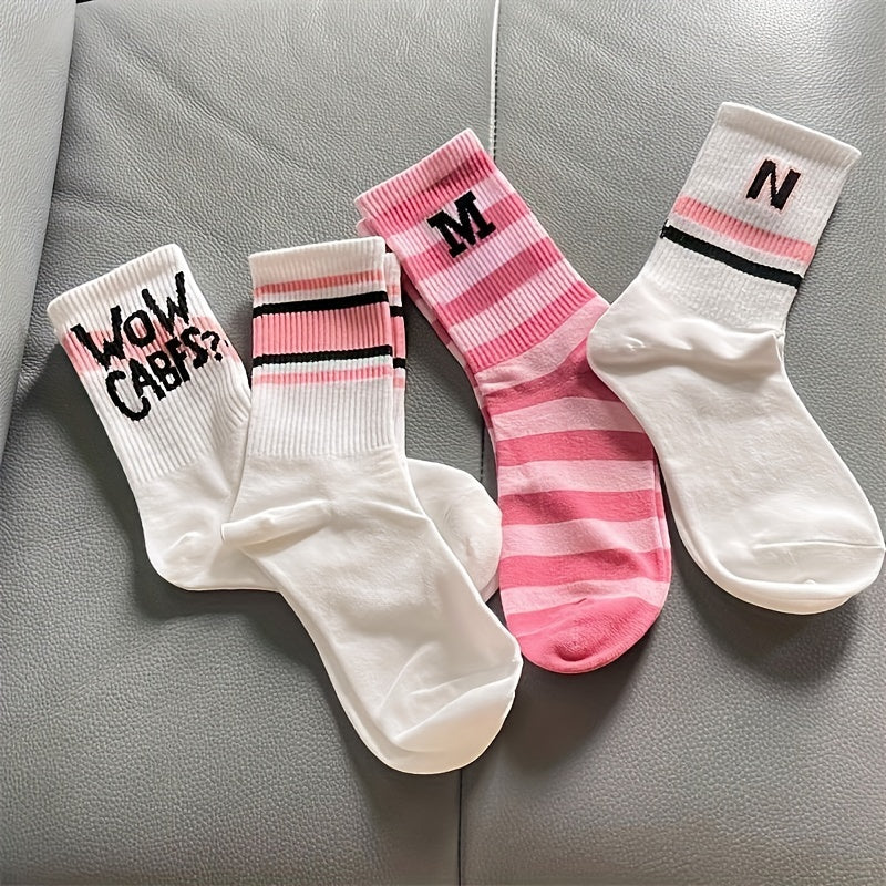 7 Pairs Letter Striped Socks,, Women's Stockings & Hosiery./MH