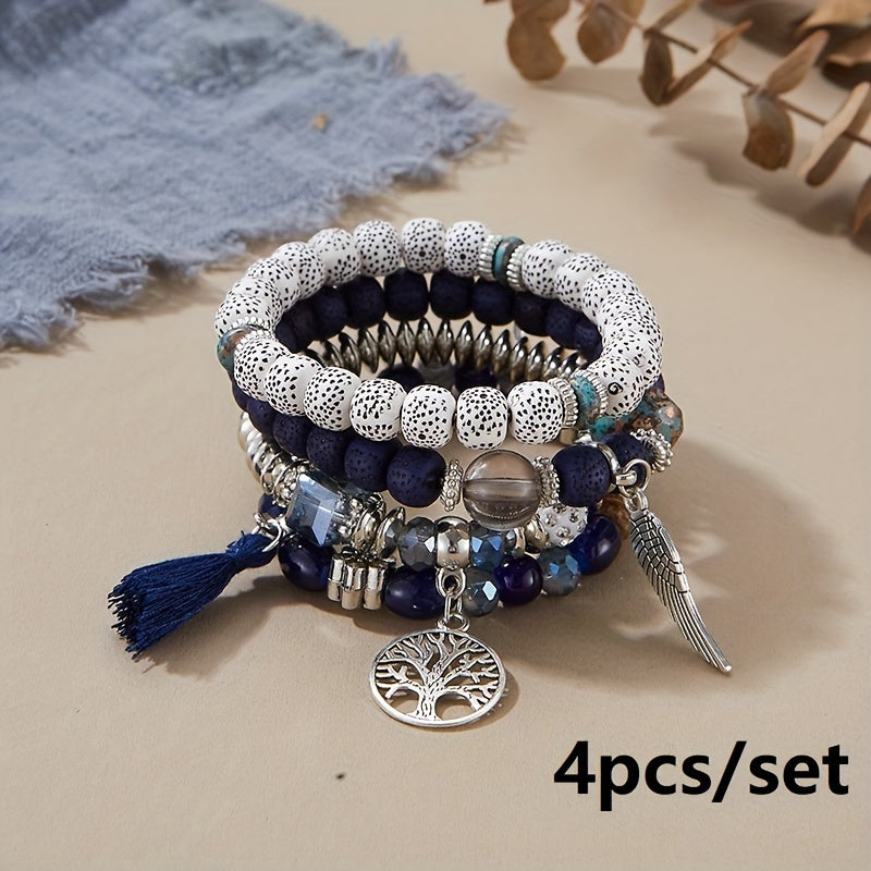 4pcs/set Bohemian Hand String, Tree Of Life Feather Wings Pendant Bracelet, Tassel Couple Handmade Unisex Bracelet, Father's Day Gift