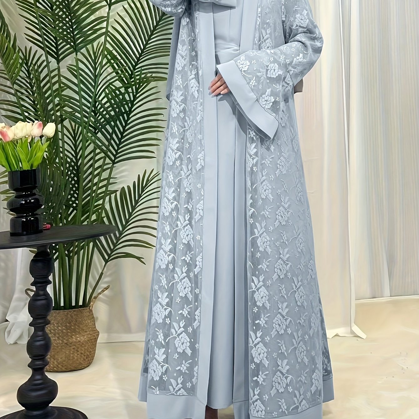Cultural Grace, Elegant Light Blue Floral Abaya Set - /MH